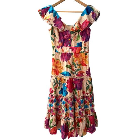 FARM Rio Vibrant Mary’s Garden Frilled Top Midi Dress Size Small - Picture 10 of 14